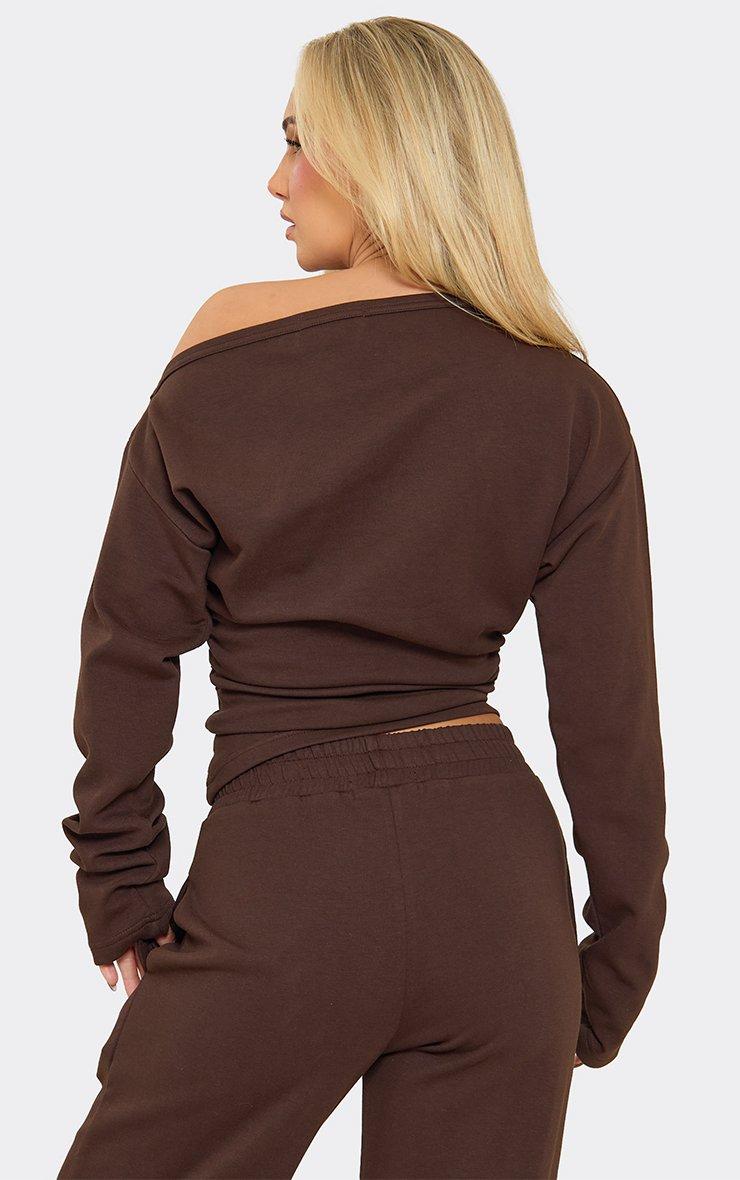 Long Sleeve Off The Shoulder Ruched Sweatshirt In Chocolate Brown Interlock
