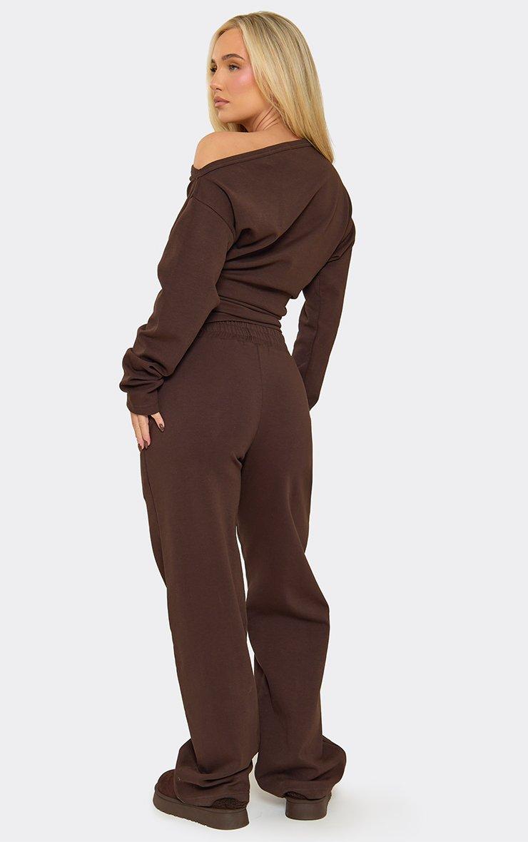 Mid Rise Wide Leg Joggers In Chocolate Brown Interlock