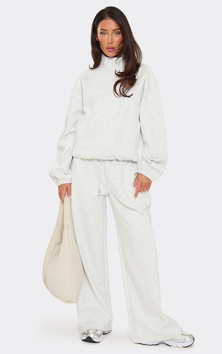 Mid Rise Seam Detail Wide Leg Joggers In Light Grey Marl Interlock