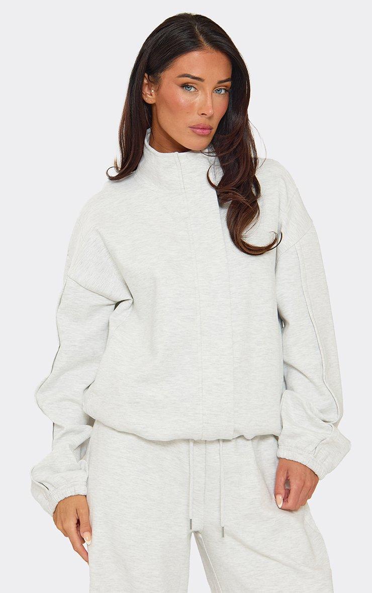Long Sleeve High Neck Seam Detail Jacket In Light Grey Marl Interlock