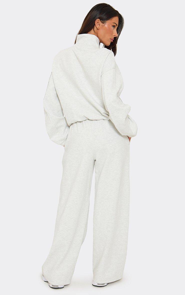 Mid Rise Seam Detail Wide Leg Joggers In Light Grey Marl Interlock