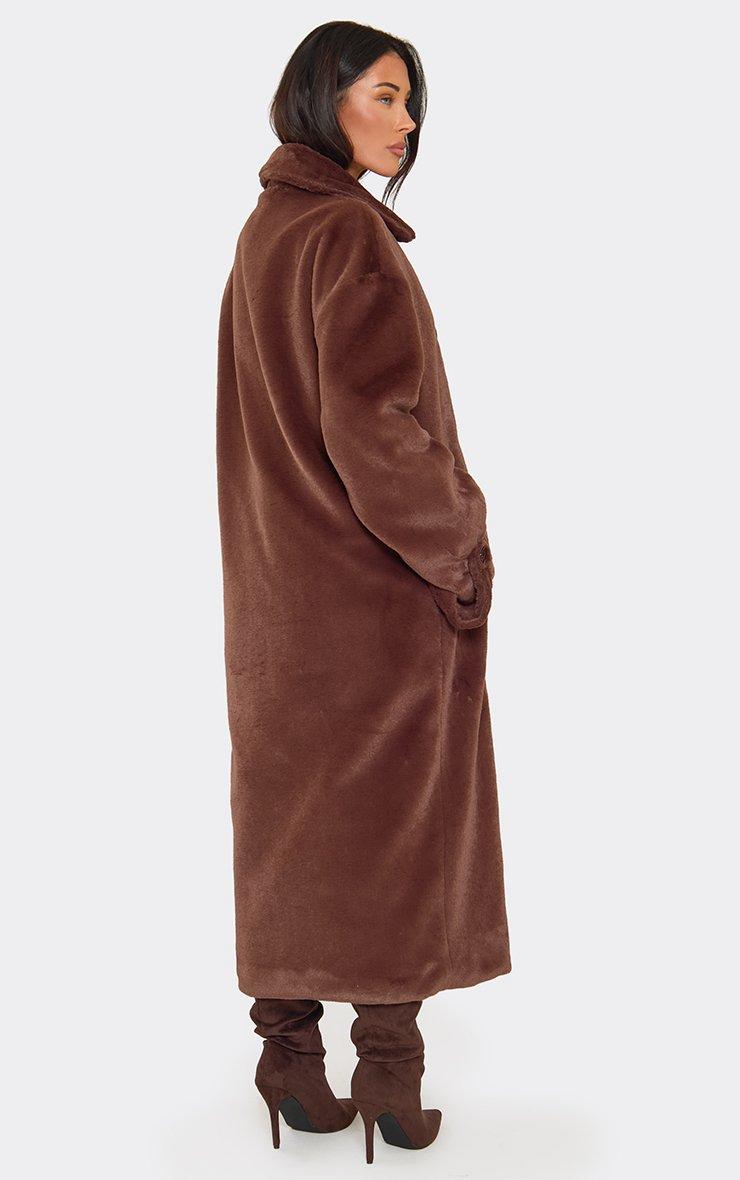 Long Sleeve Button Front Collared Maxi Coat In Chocolate Brown Faux Fur