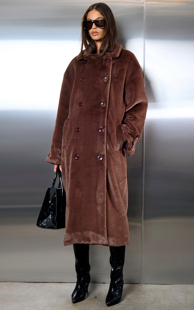 Long Sleeve Button Front Collared Maxi Coat In Chocolate Brown Faux Fur