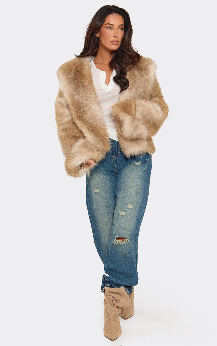 Long Sleeve Oversized Collar Coat In Beige Faux Fur
