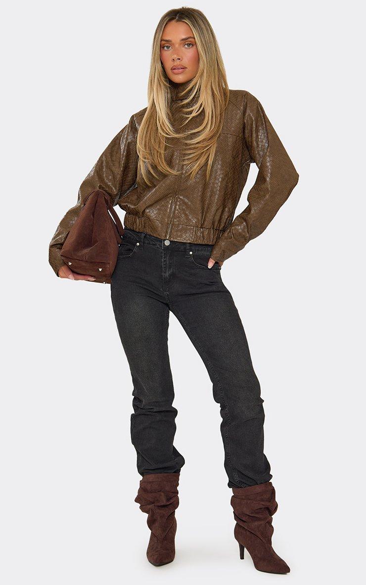 Long Sleeve Funnel Neck Jacket In Brown Woven Faux Leather