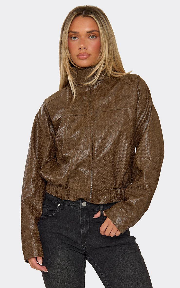 Long Sleeve Funnel Neck Jacket In Brown Woven Faux Leather