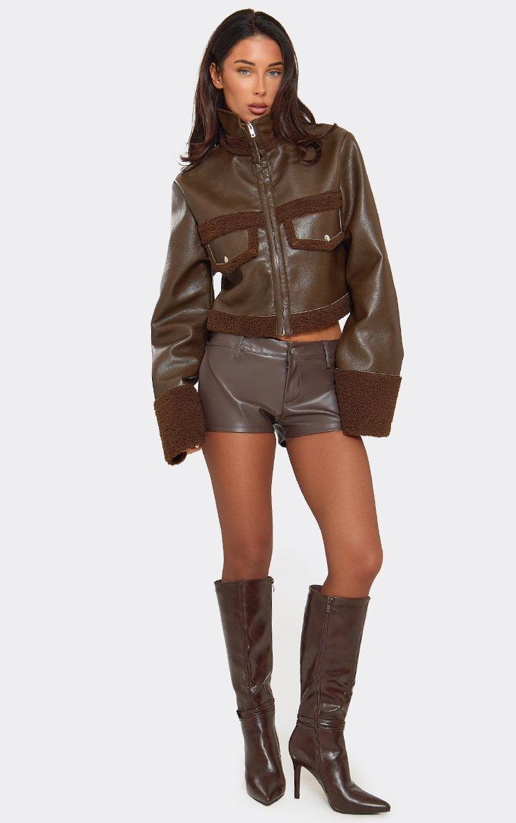Long Sleeve Funnel Neck Borg Trim Aviator Jacket In Brown Faux Leather