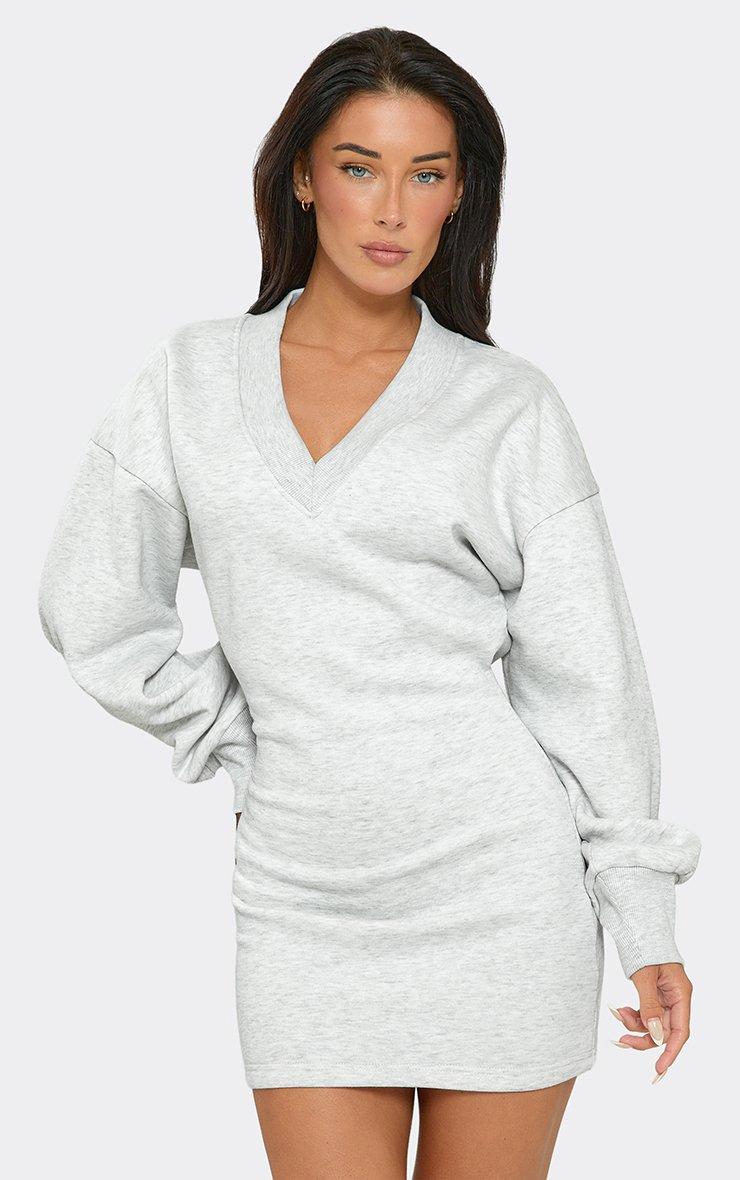 Long Sleeve V Neck Sweat Mini Dress In Grey