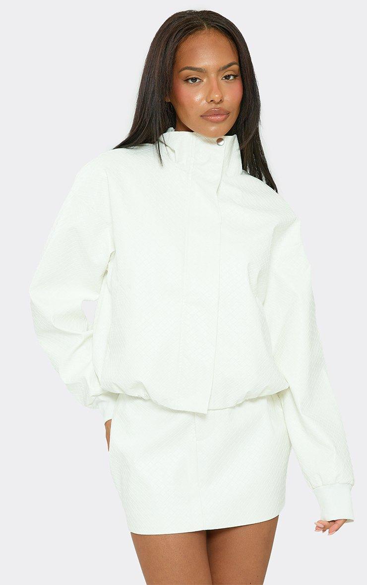 Long Sleeve Funnel Neck Zip Up Jacket In White Woven Faux Leather