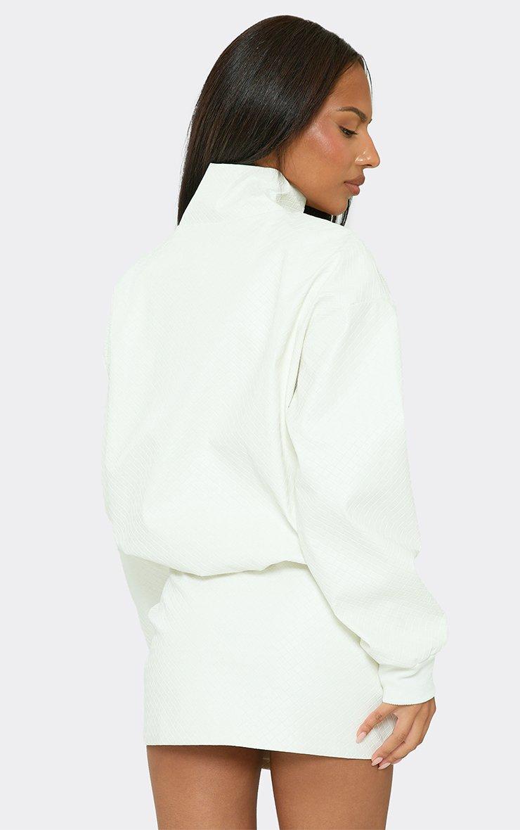 Long Sleeve Funnel Neck Zip Up Jacket In White Woven Faux Leather