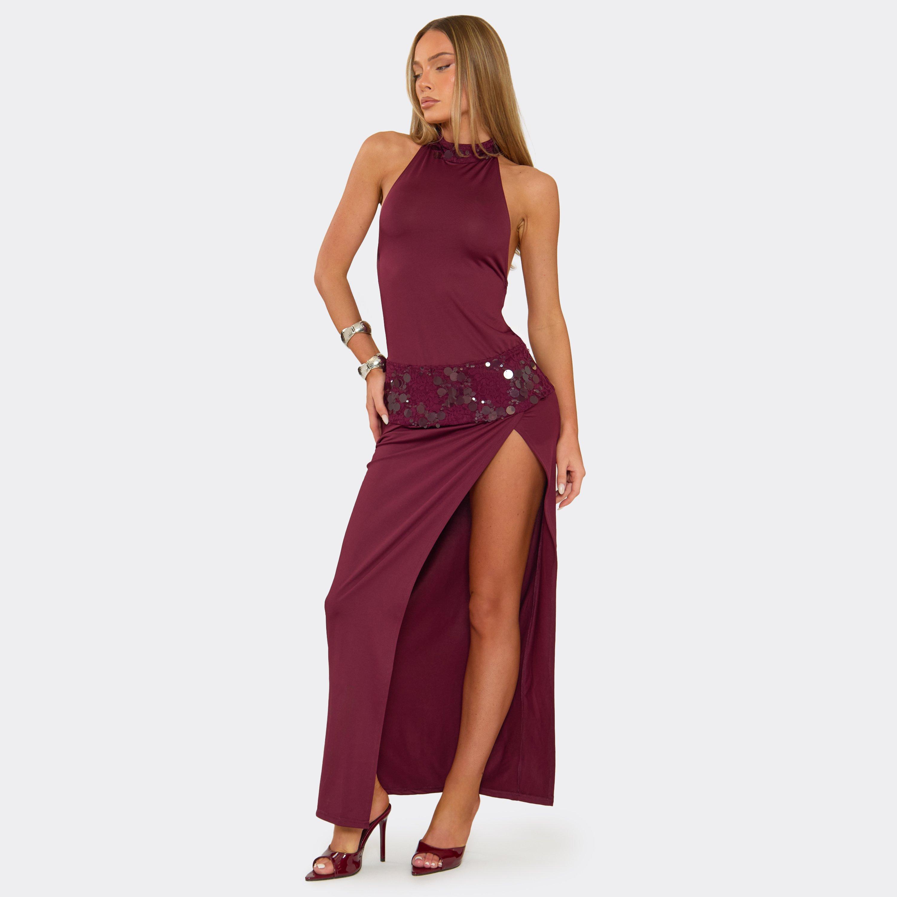 High Neck Sequin Panel Detail Open Tie Back Split Leg Maxi Dress In Plum, Women's Size UK 14