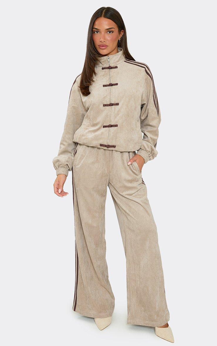 Long Sleeve High Neck Side Stripe Military Detail Oversized Jacket In Stone Faux Suede