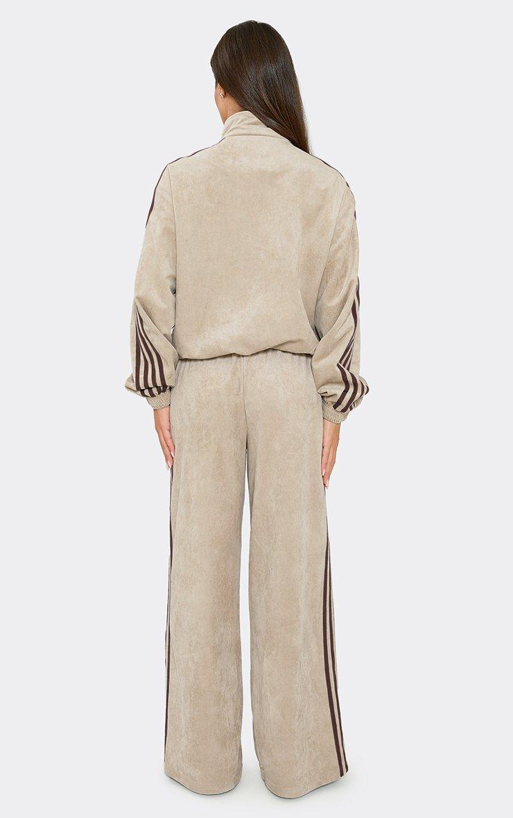 Mid Rise Side Stripe Wide Leg Joggers In Stone Faux Suede
