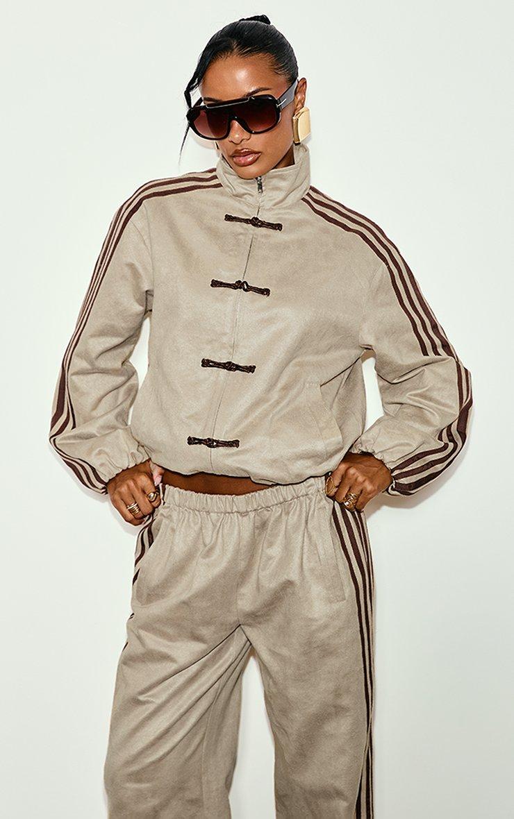 Long Sleeve High Neck Side Stripe Military Detail Oversized Jacket In Stone Faux Suede