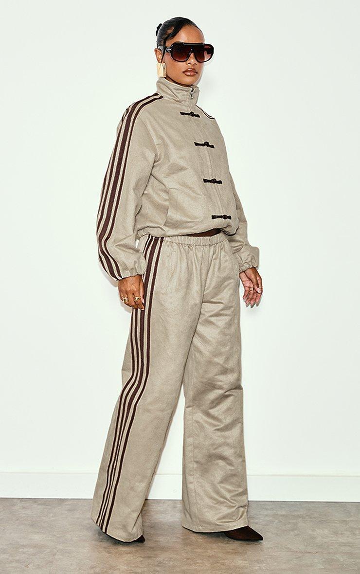 Mid Rise Side Stripe Wide Leg Joggers In Stone Faux Suede