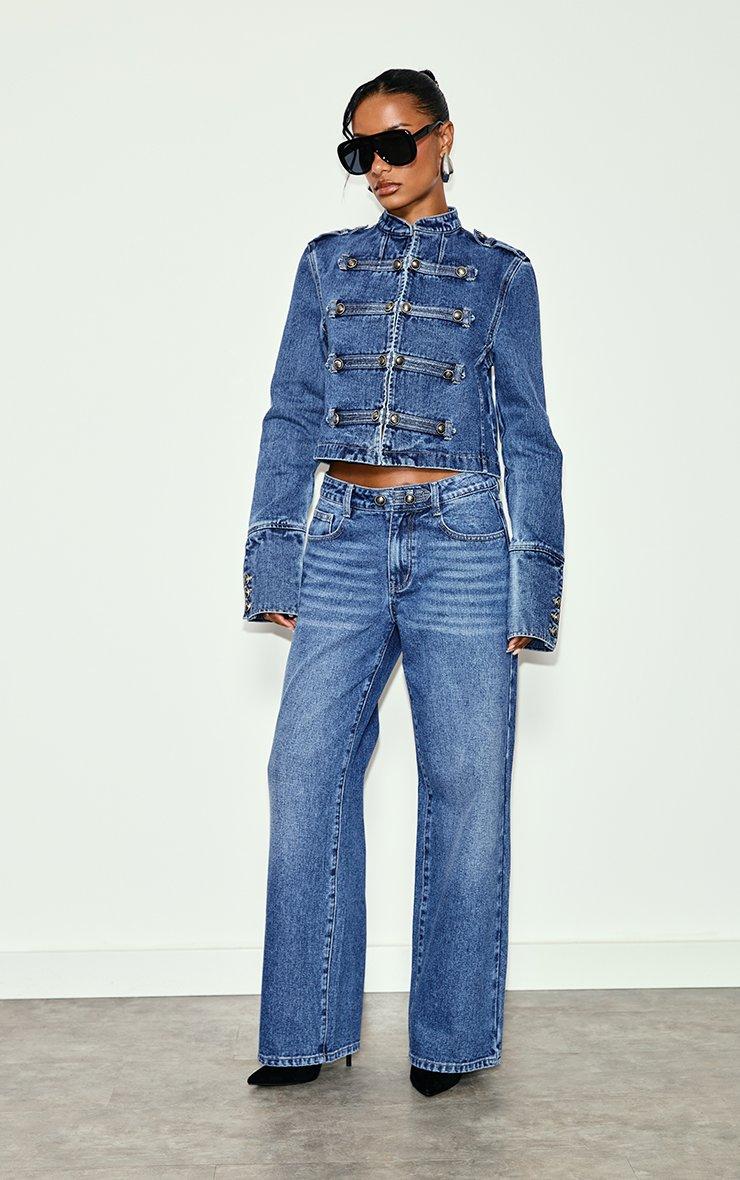 Mid Rise Military Style Straight Leg Jeans In Mid Blue Denim