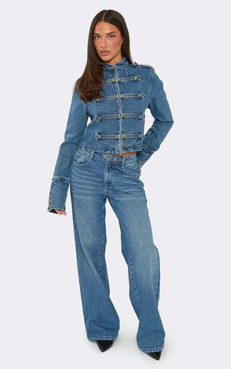 Long Sleeve Military Style Hook And Eye Jacket In Mid Blue Denim