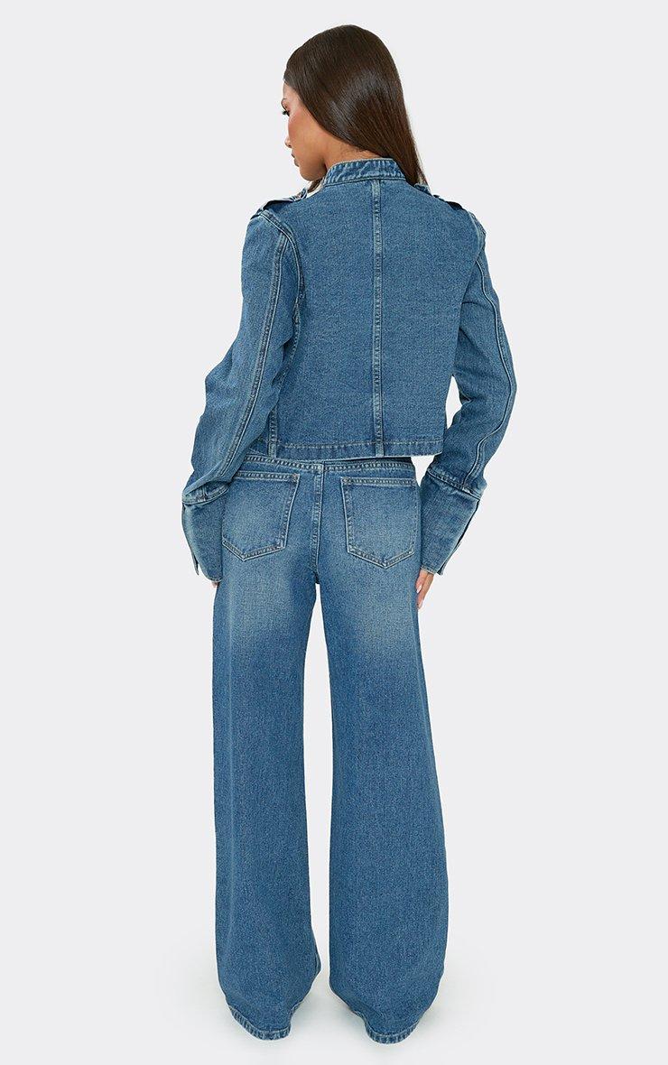 Mid Rise Military Style Straight Leg Jeans In Mid Blue Denim