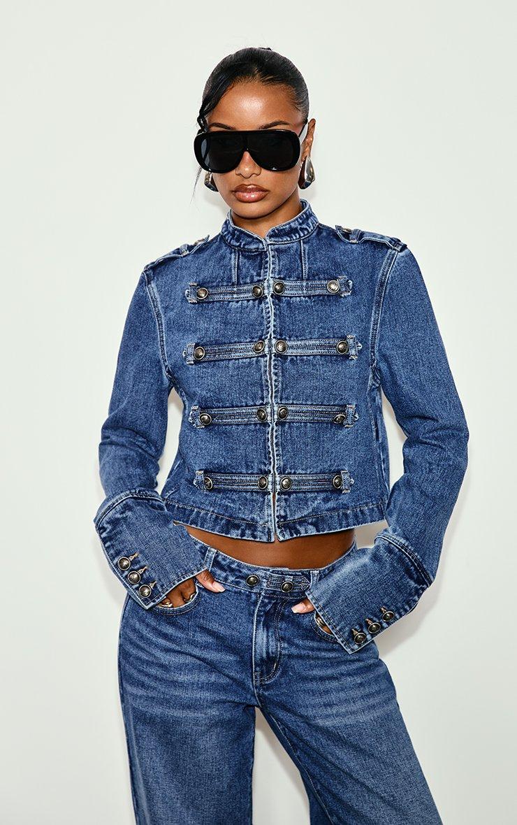 Long Sleeve Military Style Hook And Eye Jacket In Mid Blue Denim