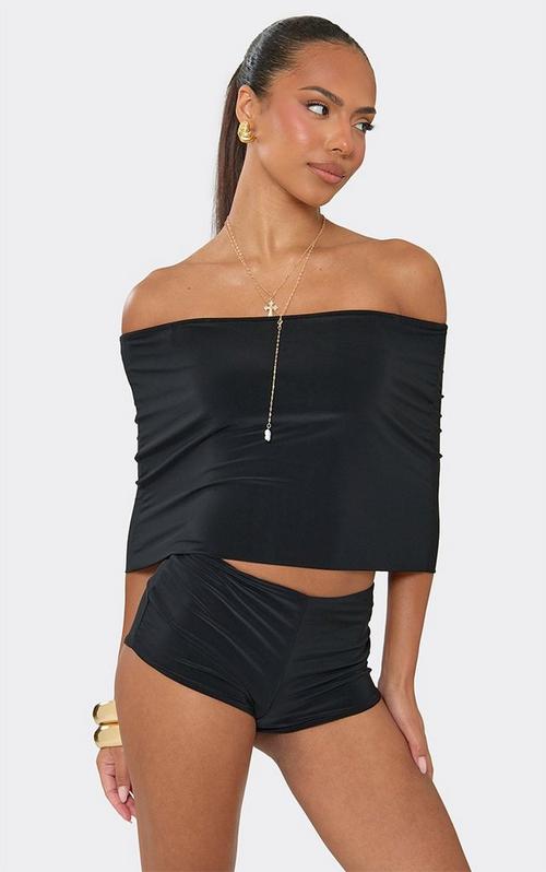 Long Sleeve Frill Detail Tie Front Crop Top In Green Slinky | EGO