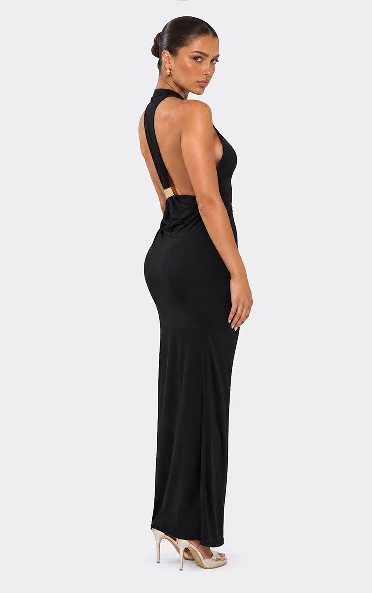 Scoop Neck Racer Trim Detail Back Maxi Dress In Black Slinky