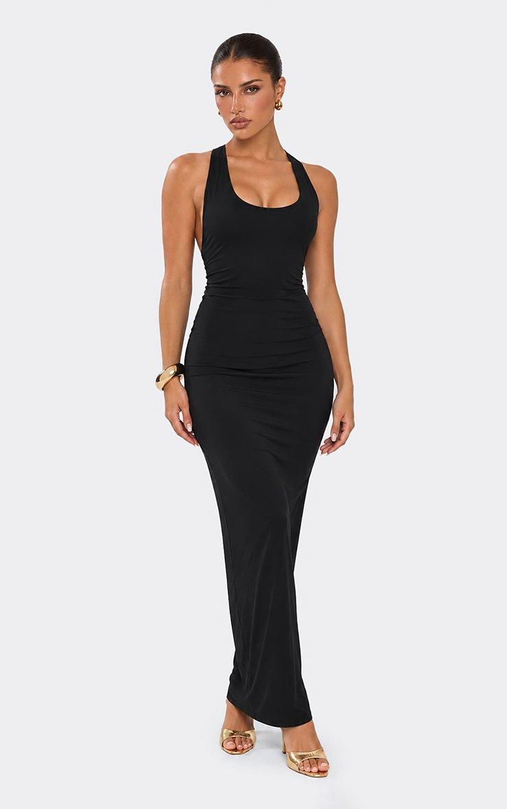 Scoop Neck Racer Trim Detail Back Maxi Dress In Black Slinky