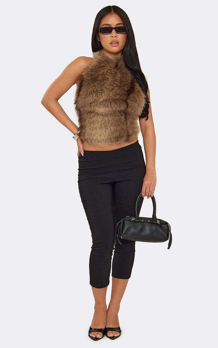 Sleeveless Halterneck Top In Brown Faux Fur