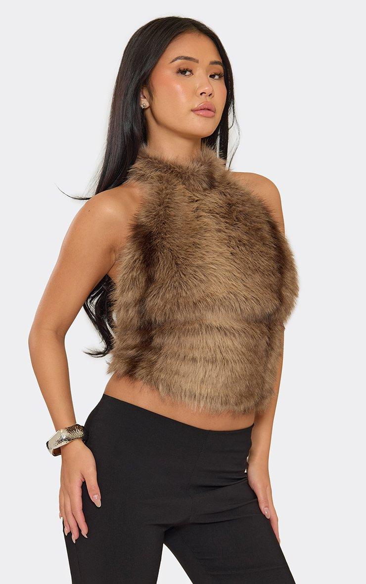 Sleeveless Halterneck Top In Brown Faux Fur