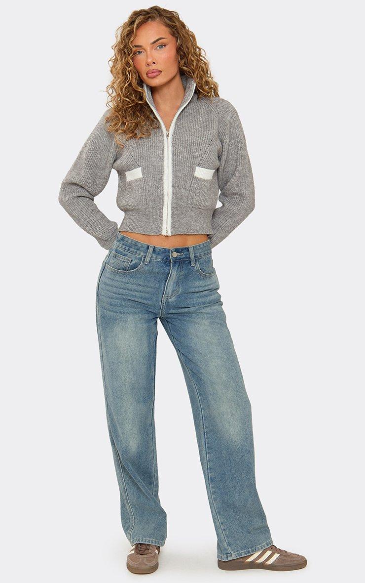 Long Sleeve Contrast Detail Zip Up Top In Grey Knit