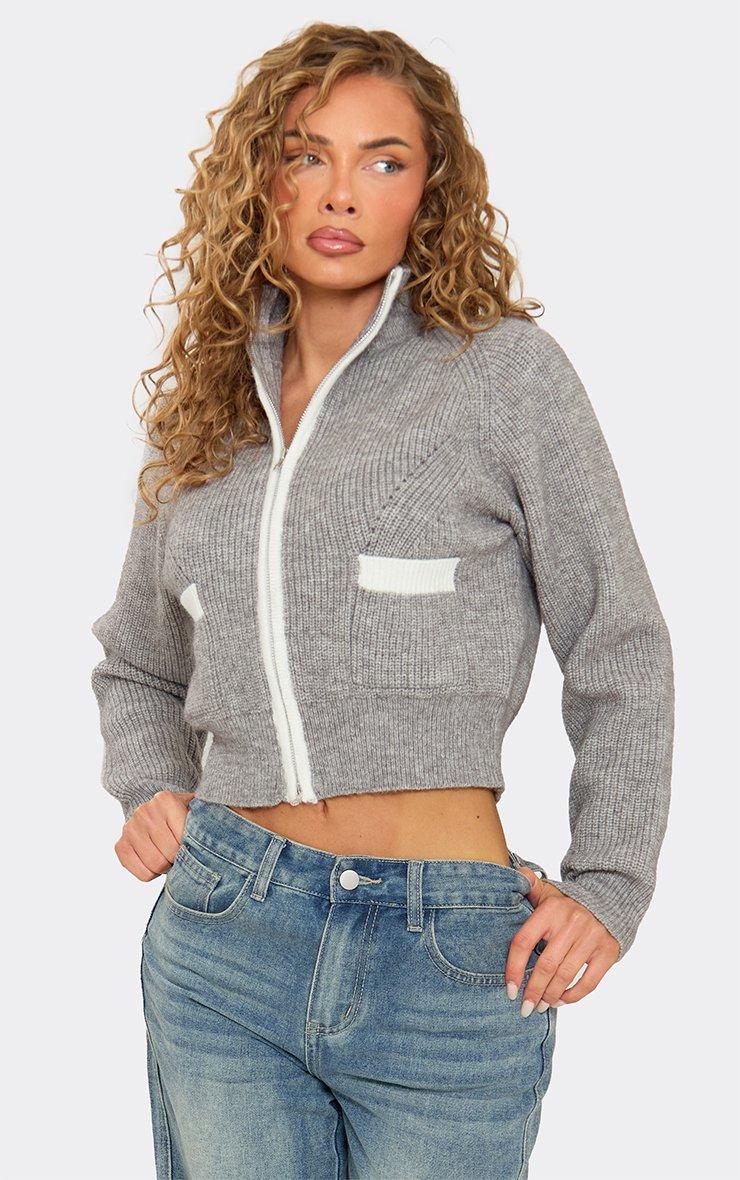 Long Sleeve Contrast Detail Zip Up Top In Grey Knit