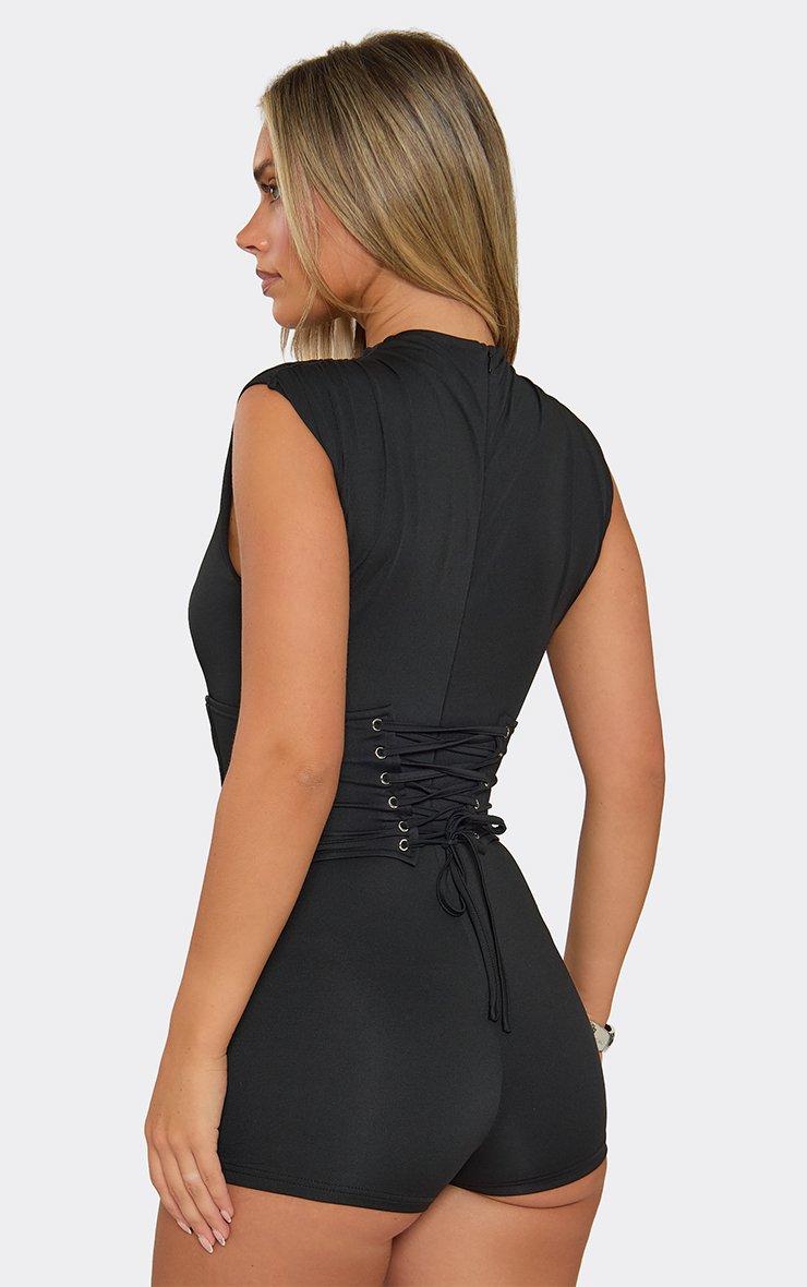 Sleeveless Lace Up Back Corset Detail Playsuit In Black