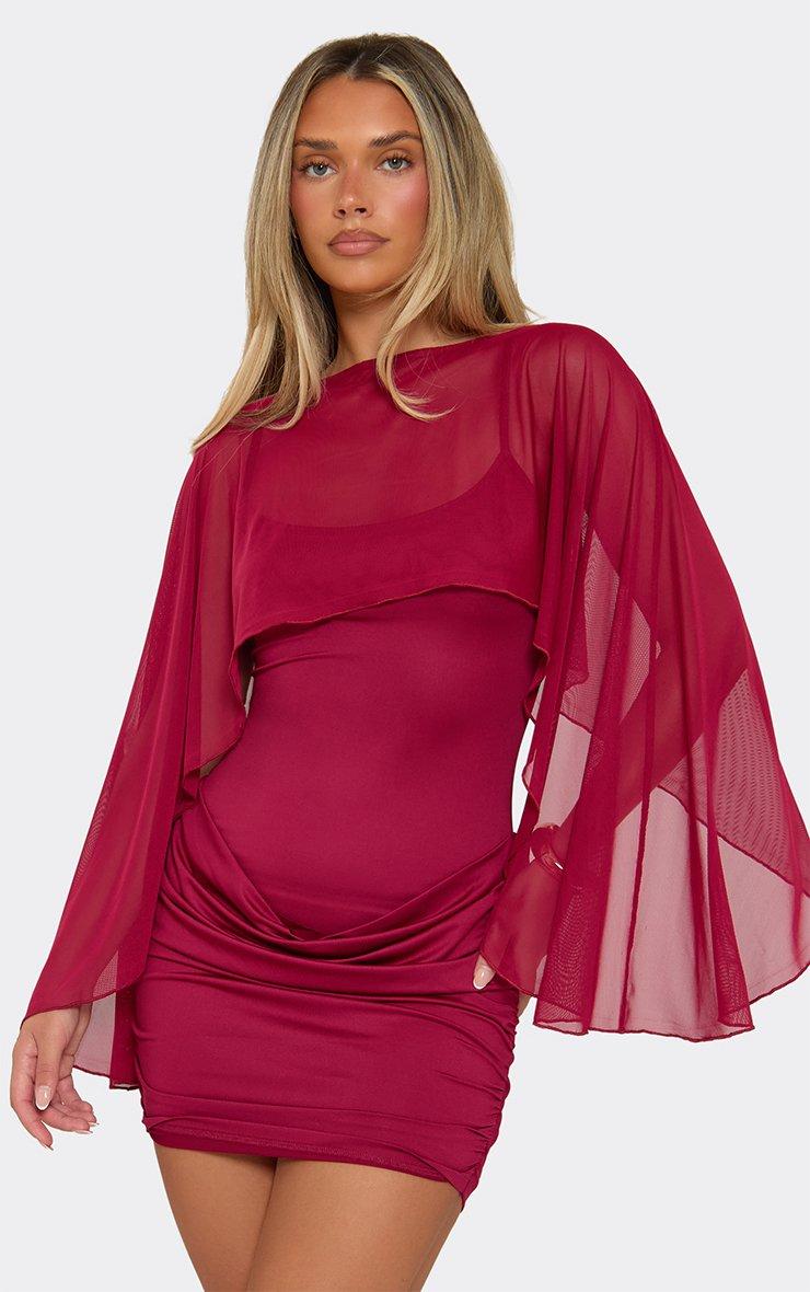 Cape Sleeve Drape Front Mini Dress In Burgundy
