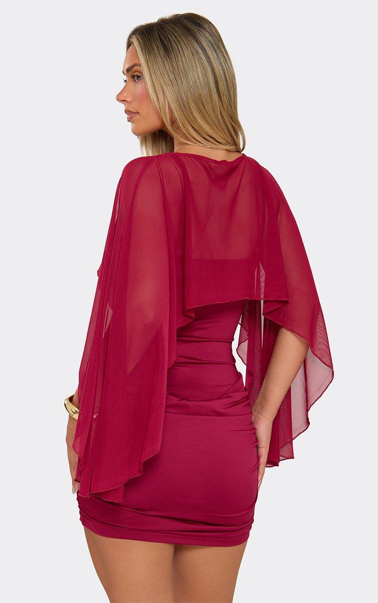 Cape Sleeve Drape Front Mini Dress In Burgundy