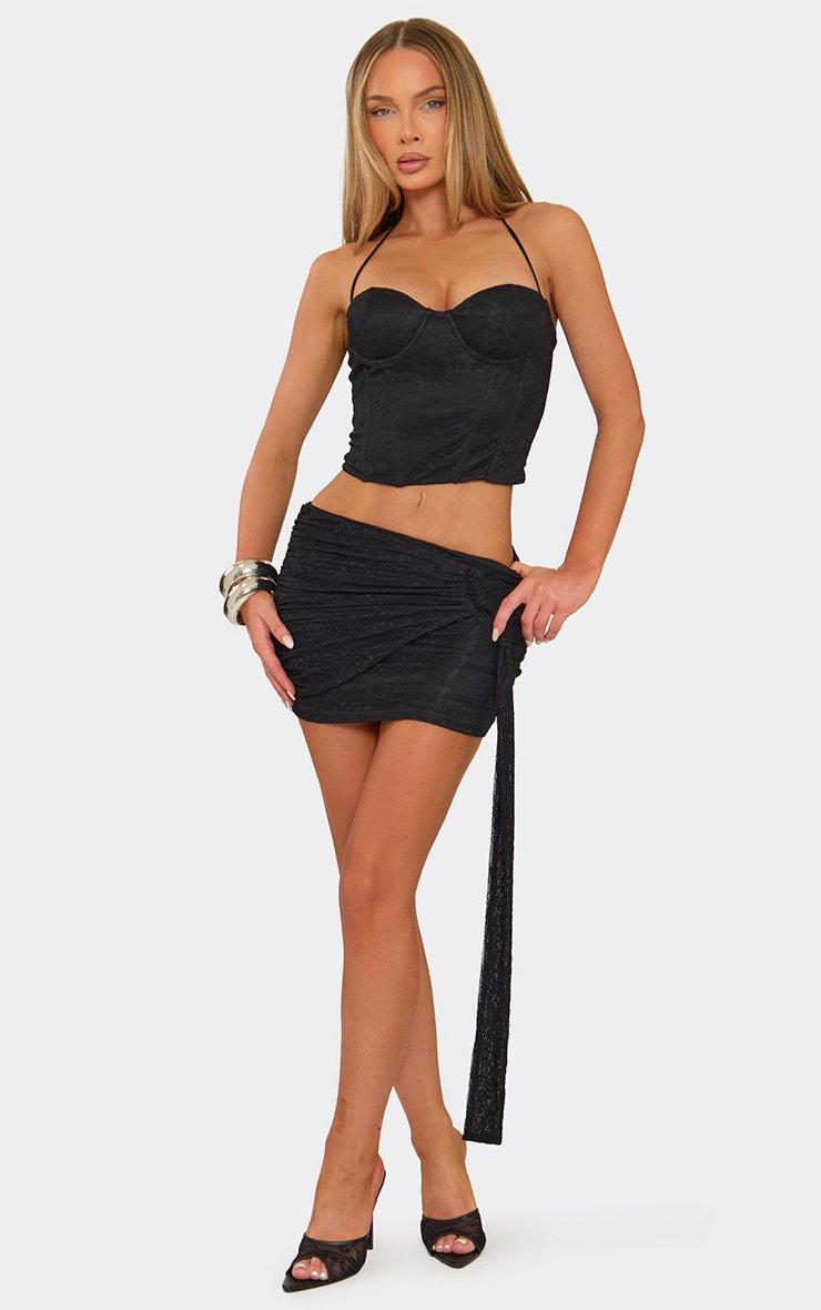 Low Rise Wrap Drape Front Mini Skirt In Black Lace