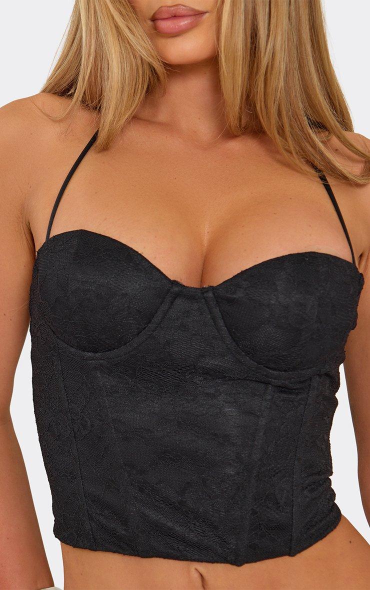 Halterneck Zip Up Corset Top In Black Lace