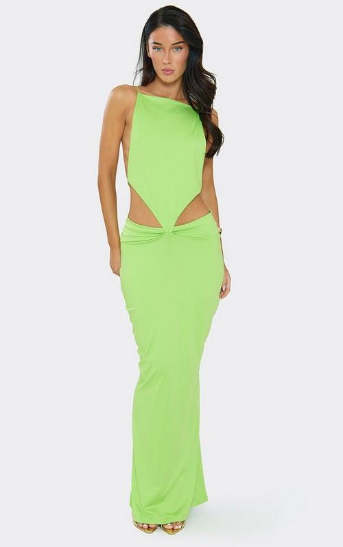 Strappy Tiered Frill Asymmetric Maxi Dress In Lime Green Slinky | EGO US