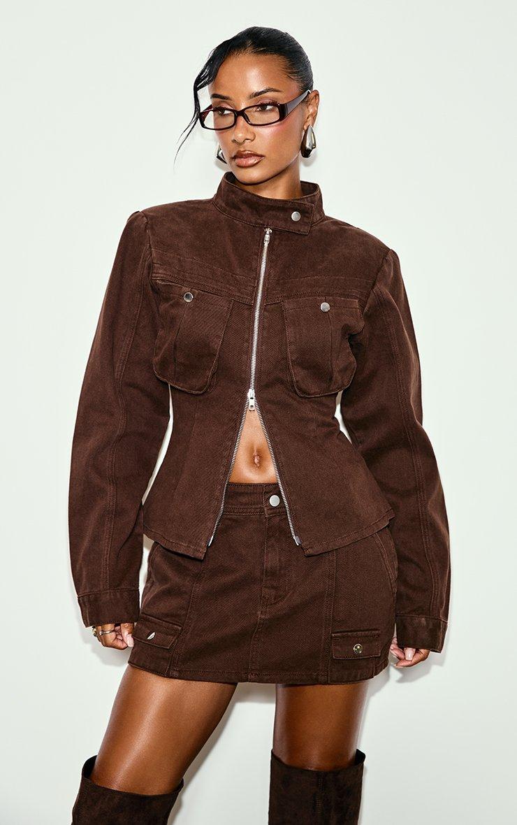 Low Rise Cargo Mini Skirt In Chocolate Brown Denim