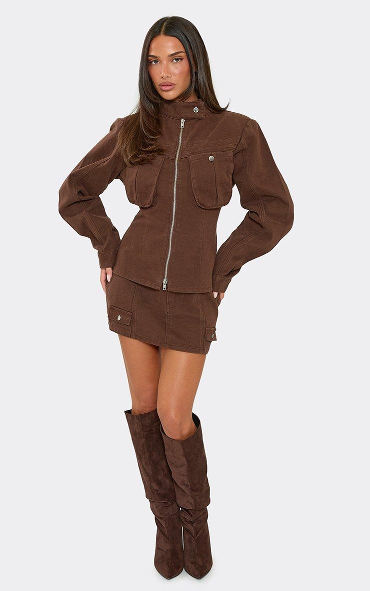 Low Rise Cargo Mini Skirt In Chocolate Brown Denim