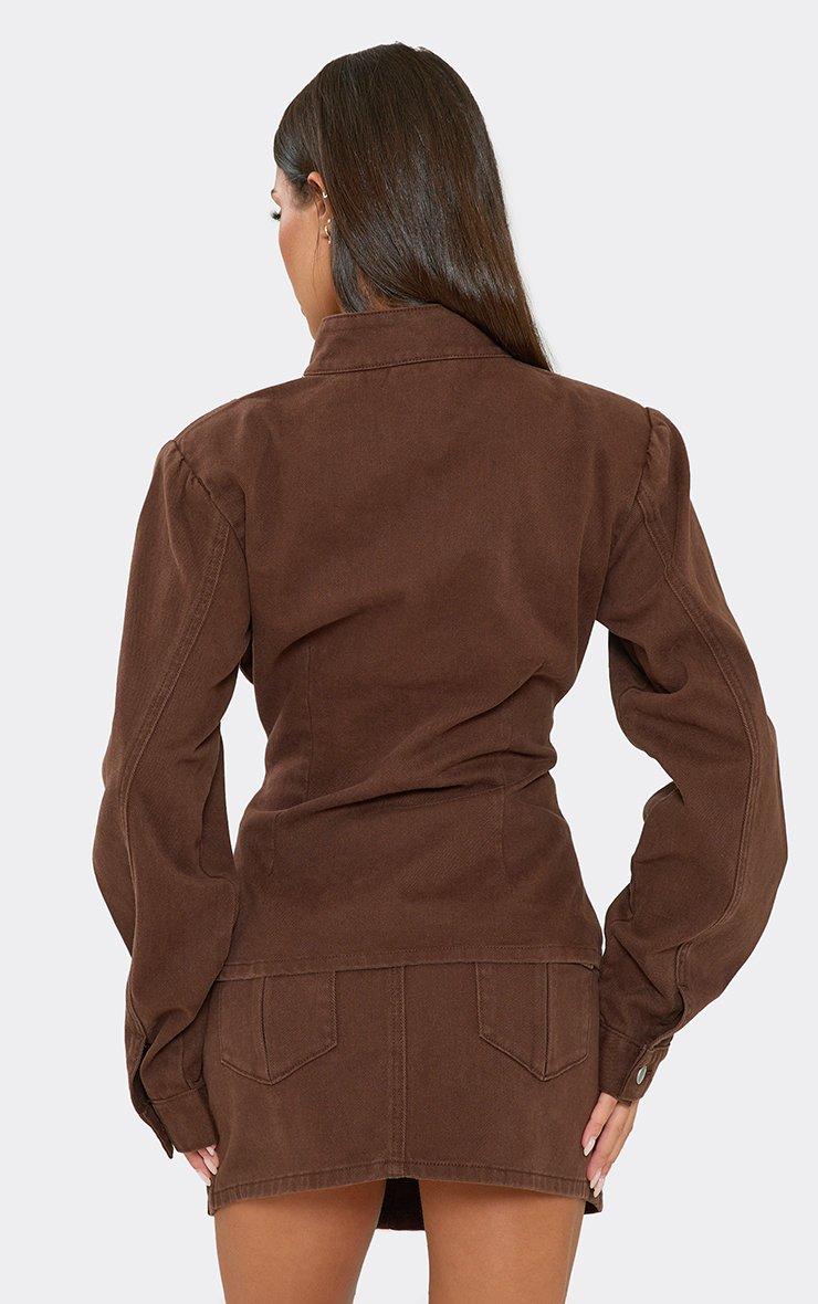 Long Sleeve Funnel Neck Double Zip Cinched Waist Cargo Jacket In Chocolate Brown Denim