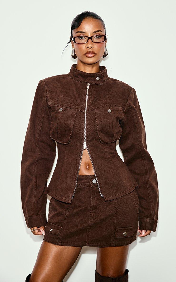 Long Sleeve Funnel Neck Double Zip Cinched Waist Cargo Jacket In Chocolate Brown Denim
