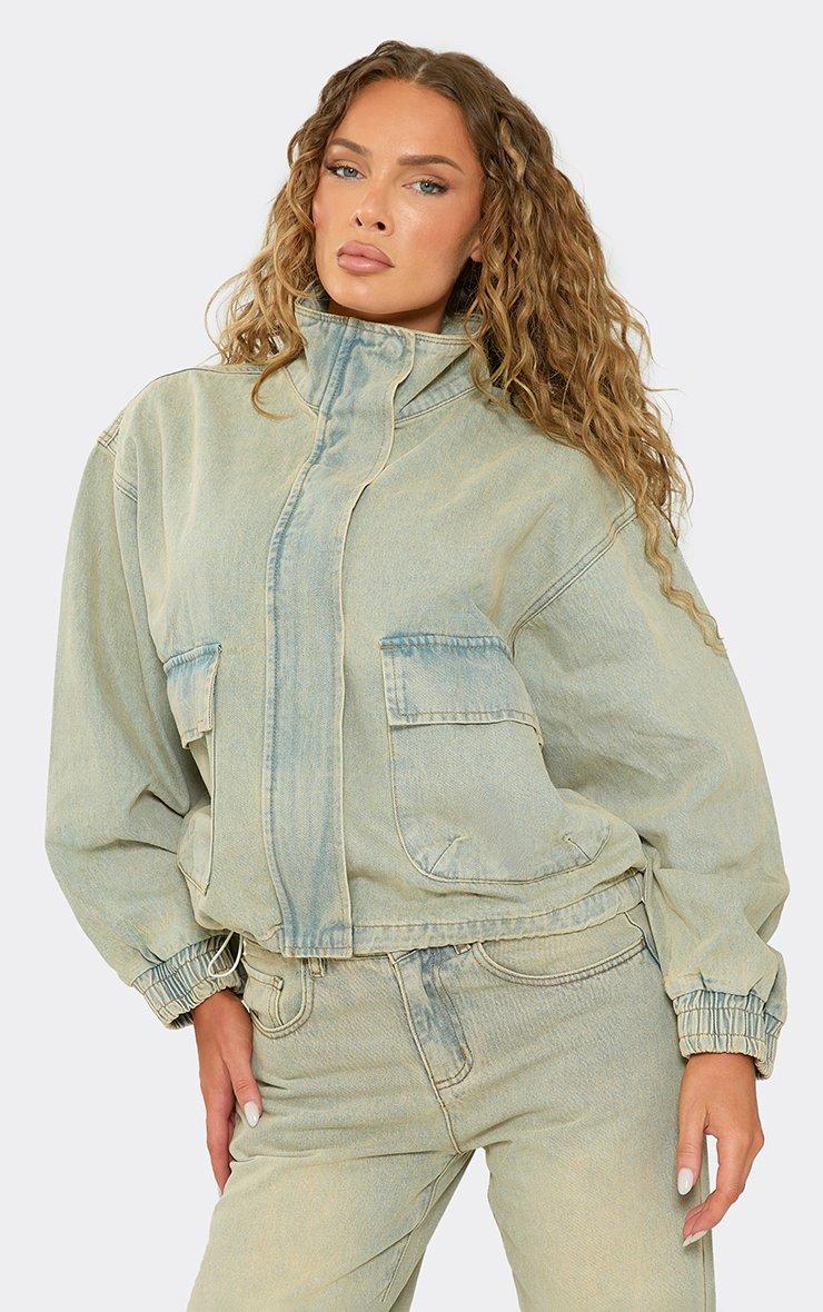 Long Sleeve Funnel Neck Boxy Jacket In Light Vintage Wash Denim