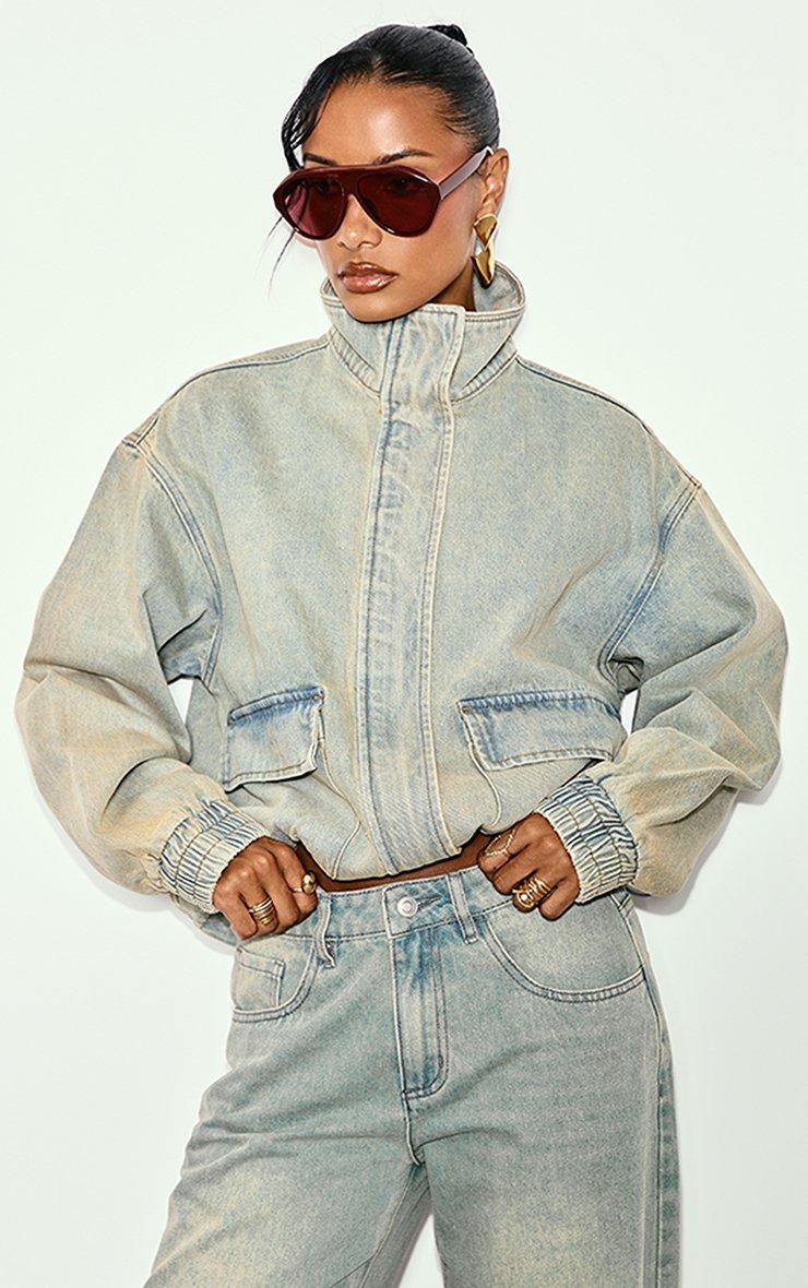 Long Sleeve Funnel Neck Boxy Jacket In Light Vintage Wash Denim