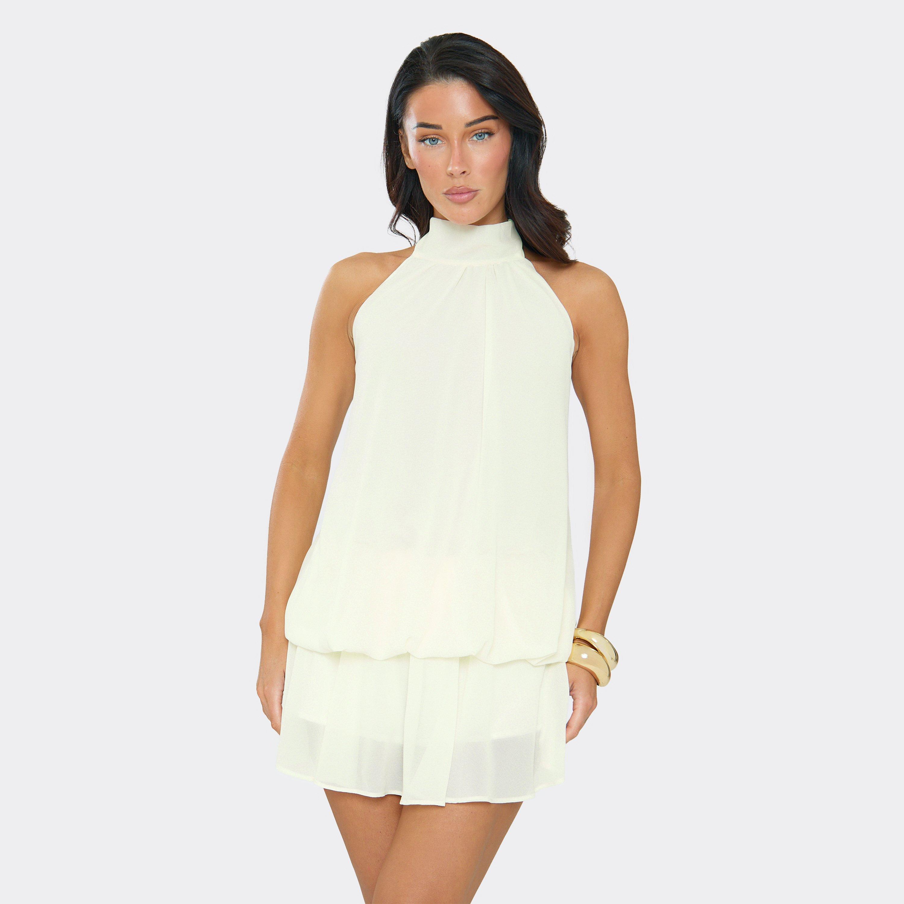 High Neck Blouson Playsuit In Cream., Women's Size US S/M