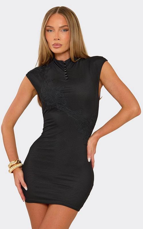 Square Neck Mini Bodycon Dress With Bodysuit Lining In Black Floral Lace | EGO US