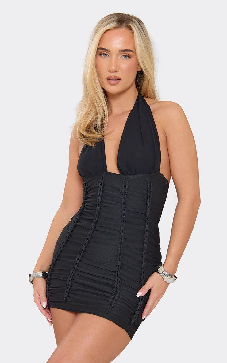 Halterneck Twist Plunge Front Detail Mini Dress In Black