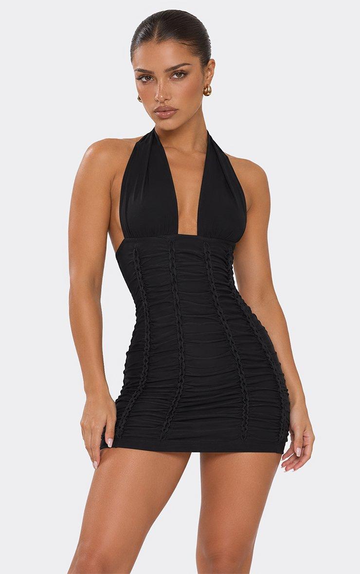 Halterneck Twist Plunge Front Detail Mini Dress In Black.