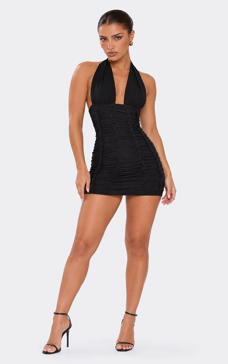 Halterneck Twist Plunge Front Detail Mini Dress In Black.