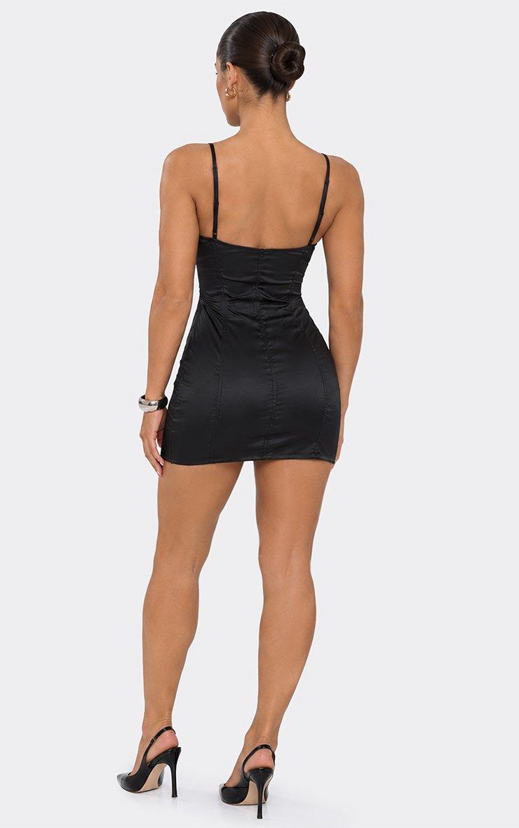 Strappy Contrast Lace Trim Fitted Mini Dress In Black Satin.