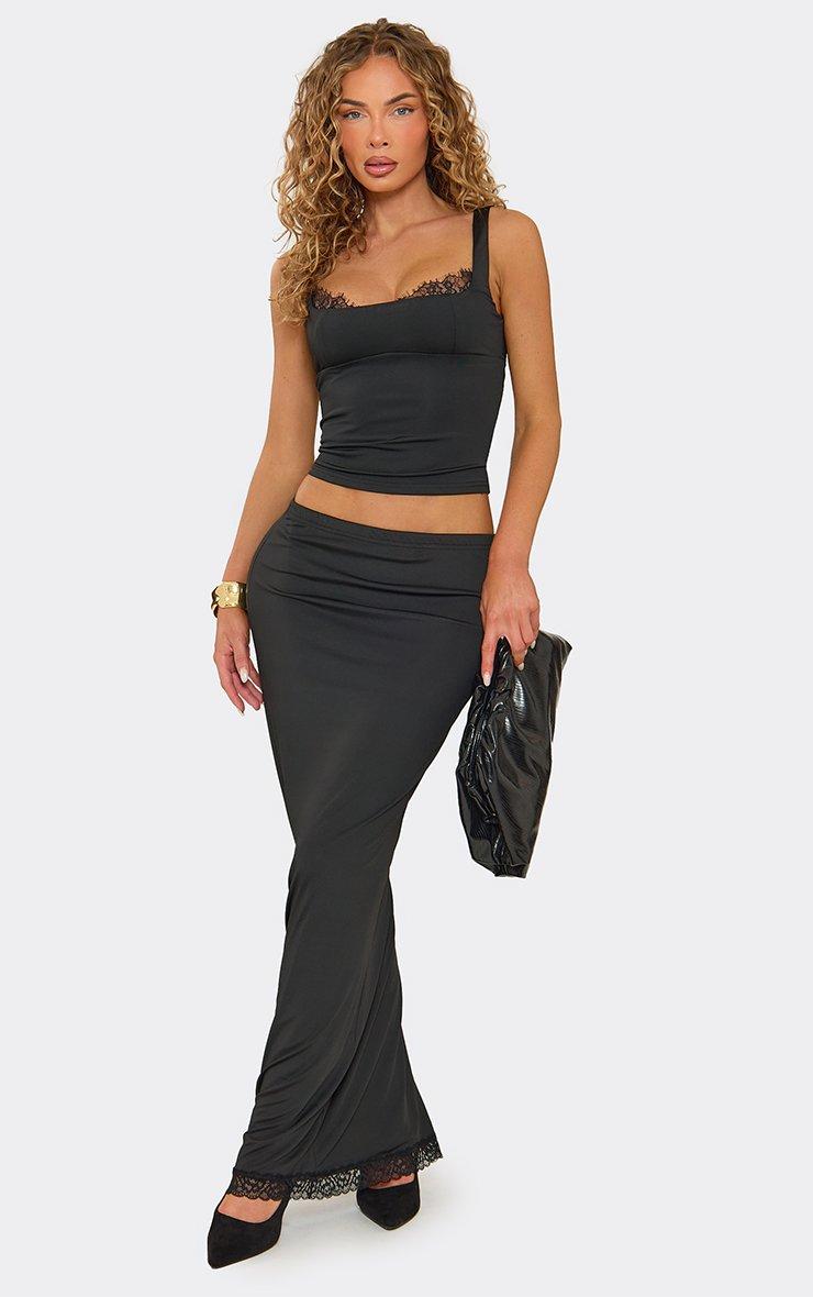 Strappy Lace Trim Square Neck Top In Black
