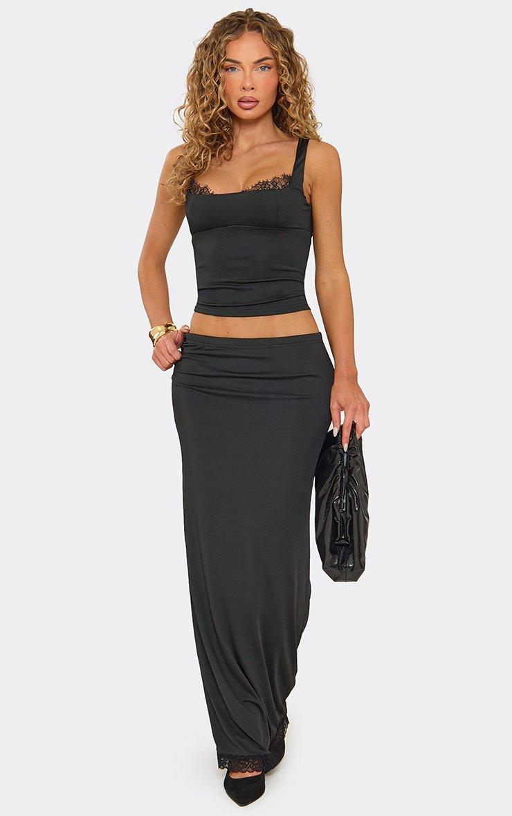 Low Waist Lace Trim Maxi Skirt In Black